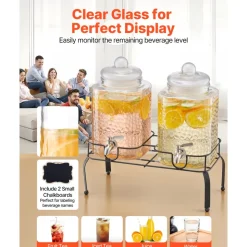 VEVOR Beverage Dispenser, 2 Pack 1.5 Gallon Drink Dispensers for Parties, Glass Juice Dispenser with Metal Stand, Stainless Steel Spigot, Iced Tea Lemonade Juice Water Dispensers for Parties