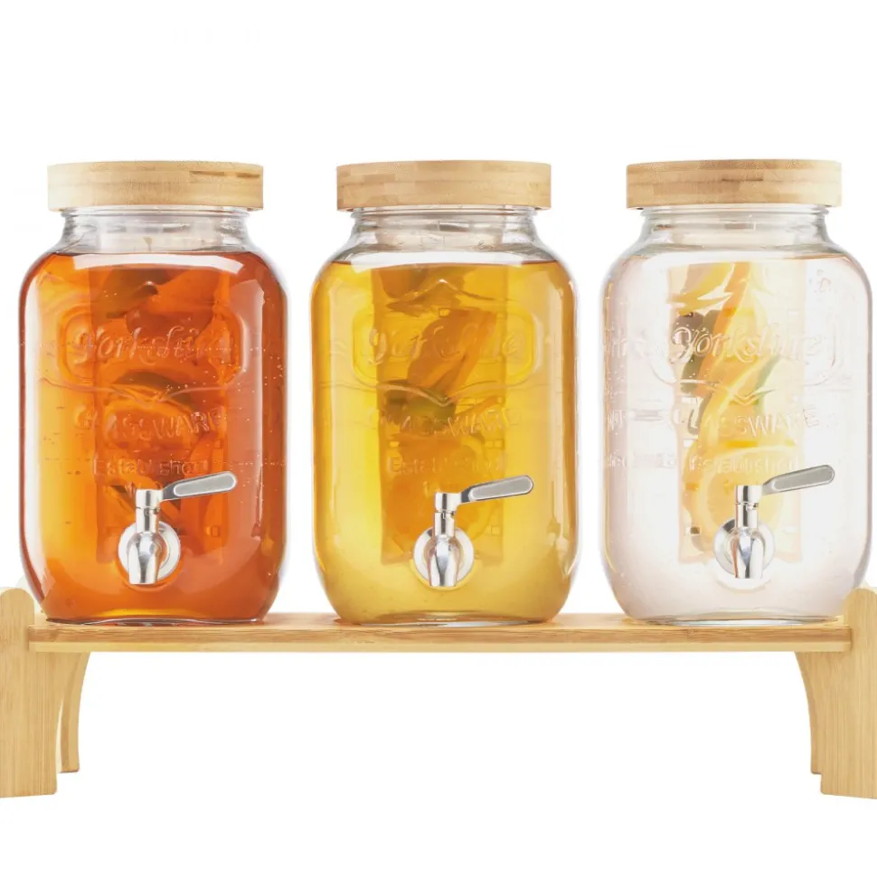 VEVOR Beverage Dispenser, 3 Pack 1 Gallon Drink Dispensers for Parties, Glass Juice Dispenser with Wood Stand, Stainless Steel Spigot, Infuser, Iced Tea Lemonade Juice Water Dispensers for Parties