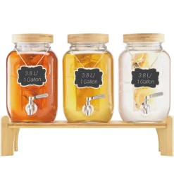 VEVOR Beverage Dispenser, 3 Pack 1 Gallon Drink Dispensers for Parties, Glass Juice Dispenser with Wood Stand, Stainless Steel Spigot, Infuser, Iced Tea Lemonade Juice Water Dispensers for Parties