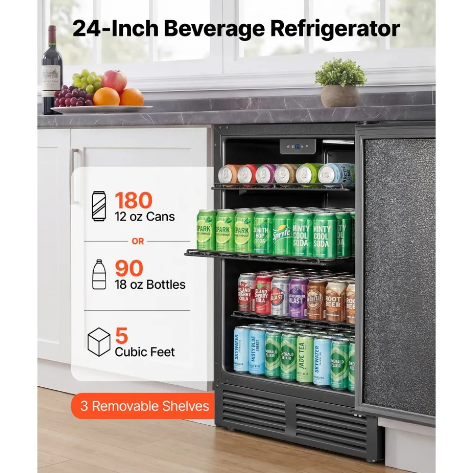 VEVOR Beverage Refrigerator, 24 Inch Under Counter Drink Fridge, Black, Hold 180 Cans, 5.0 Cu. Ft, Built-in / Freestand Cooler, Powerful Quiet Cooling System, 3 Shelves, Home Kitchen & Bar