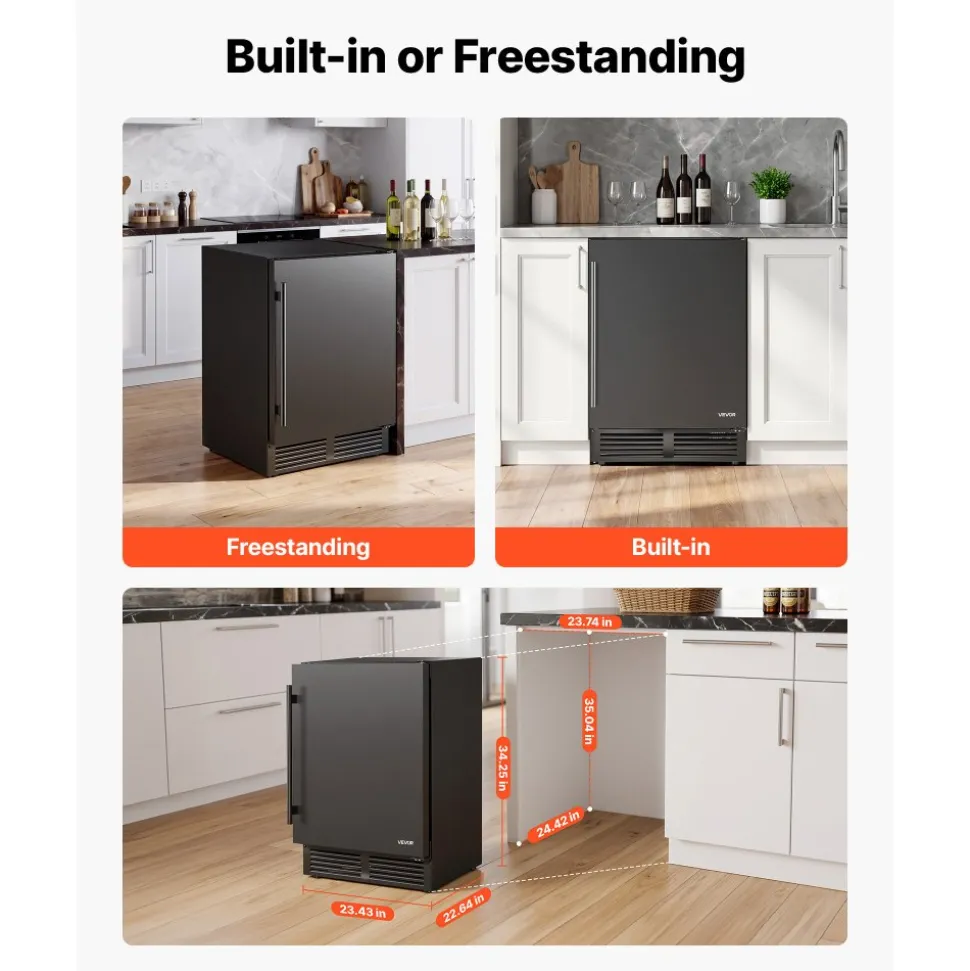 VEVOR Beverage Refrigerator, 24 Inch Under Counter Drink Fridge, Black, Hold 180 Cans, 5.0 Cu. Ft, Built-in / Freestand Cooler, Powerful Quiet Cooling System, 3 Shelves, Home Kitchen & Bar