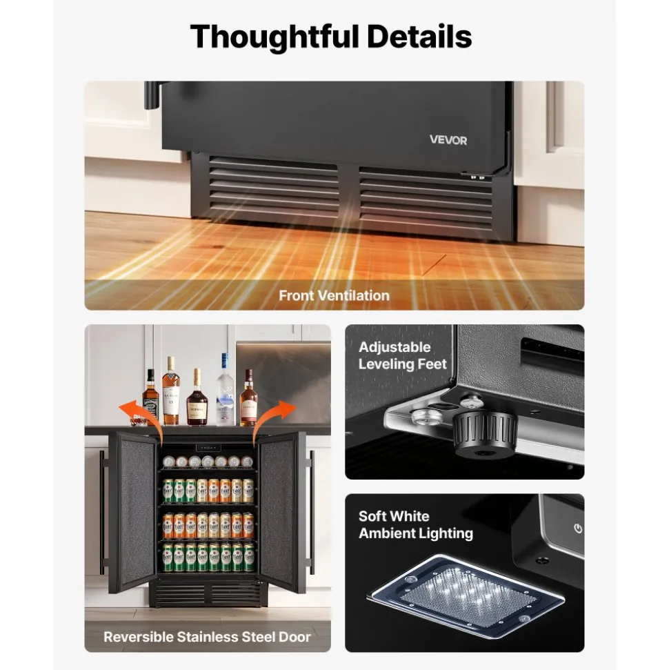 VEVOR Beverage Refrigerator, 24 Inch Under Counter Drink Fridge, Black, Hold 180 Cans, 5.0 Cu. Ft, Built-in / Freestand Cooler, Powerful Quiet Cooling System, 3 Shelves, Home Kitchen & Bar