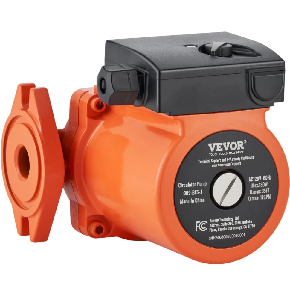VEVOR 009-BF5-J Hot Water Recirculating Pump, 110V, 180W 10 GPM Hot Water Circulation Pump, 3/4" NPT Flange 3-Speed Circulator Pump, Quiet Operation Circulator Pump for Home Water Heater System