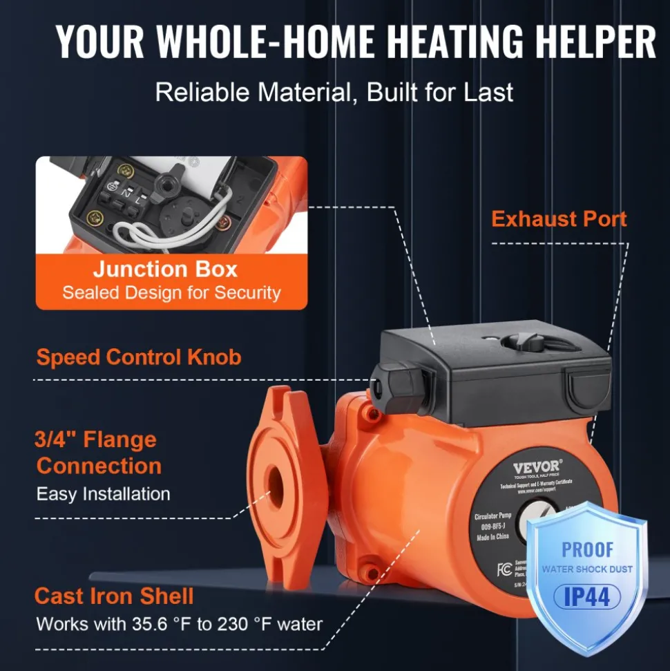 VEVOR 009-BF5-J Hot Water Recirculating Pump, 110V, 180W 10 GPM Hot Water Circulation Pump, 3/4" NPT Flange 3-Speed Circulator Pump, Quiet Operation Circulator Pump for Home Water Heater System