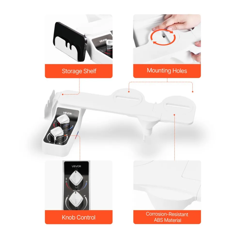 VEVOR Bidet Attachment for Toilet, 0.3" Ultra Thin Bidet Toilet Seat Attachment - Dual Retractable Nozzles, Adjustable Water Pressure, Non-Electric Cold Water Sprayer for Front Rear Water Wash, White