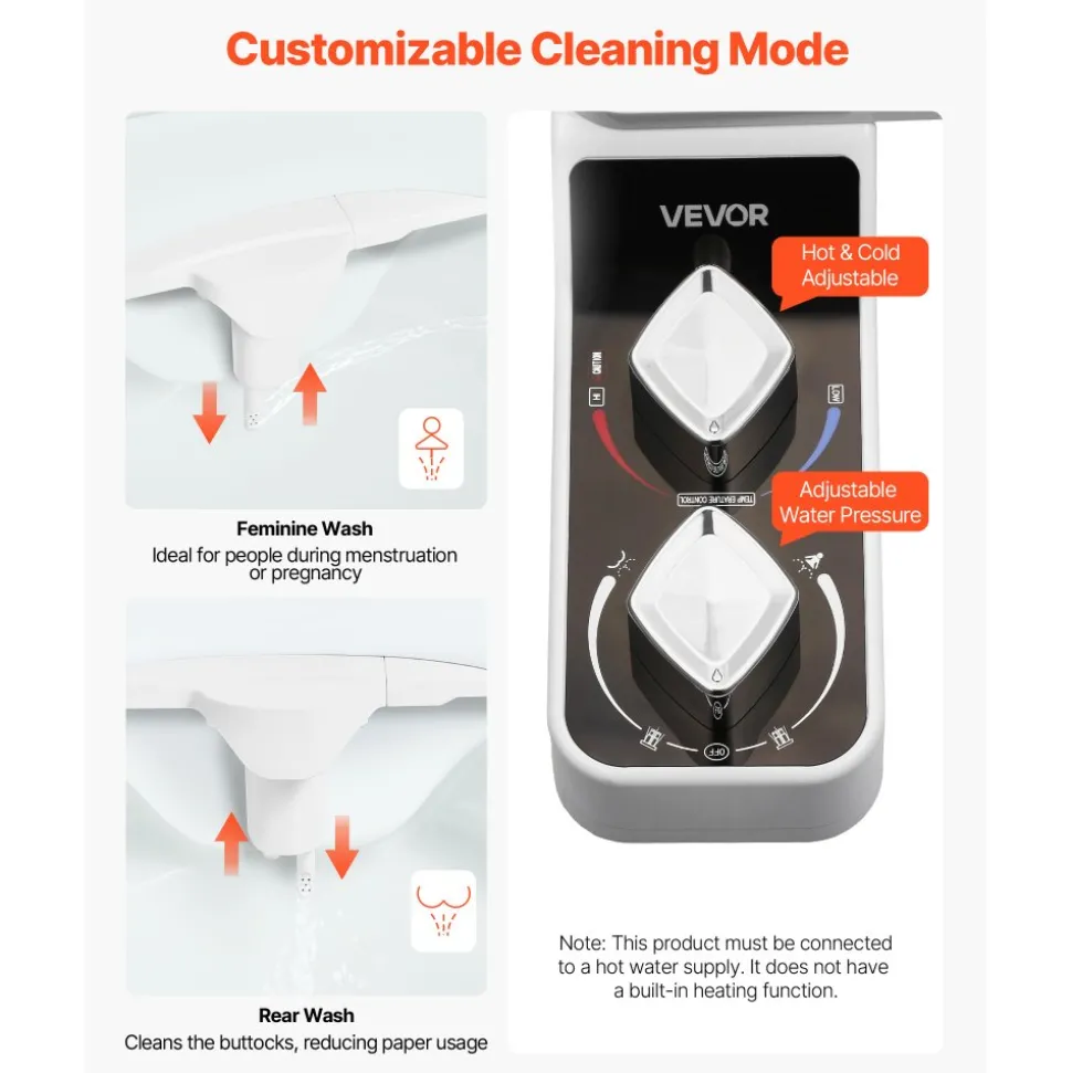 VEVOR Bidet Attachment for Toilet, 0.3" Ultra Thin Bidet Toilet Seat Attachment - Dual Retractable Nozzles, Adjustable Water Pressure, Non-Electric Cold Water Sprayer for Front Rear Water Wash, White