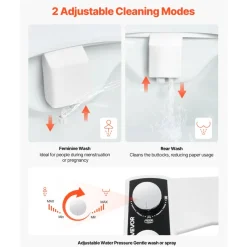 VEVOR Bidet Attachment for Toilet, Non-Electric Bidet Toilet Seat Attachment - Dual Retractable Nozzles, Adjustable Water Pressure, Easily Installed Cold Water Sprayer for Rear Feminine Wash, White