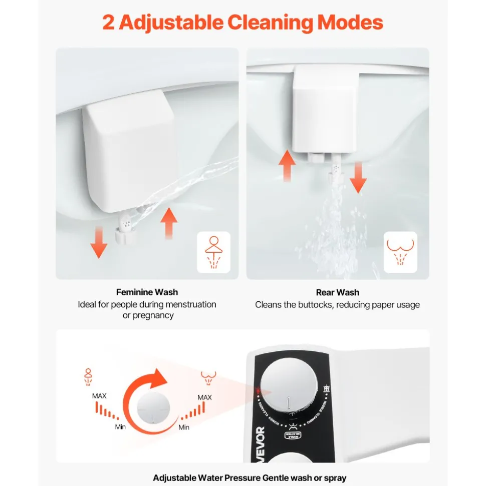 VEVOR Bidet Attachment for Toilet, Non-Electric Bidet Toilet Seat Attachment - Dual Retractable Nozzles, Adjustable Water Pressure, Easily Installed Cold Water Sprayer for Rear Feminine Wash, White