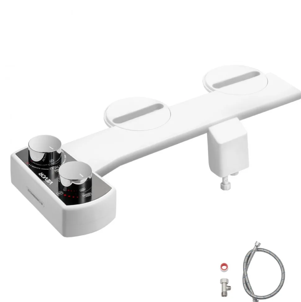 VEVOR Bidet Attachment for Toilet, Non-Electric Bidet Toilet Seat Attachment - Dual Retractable Nozzles, Adjustable Water Pressure, Easily Installed Cold Water Sprayer for Rear Feminine Wash, White