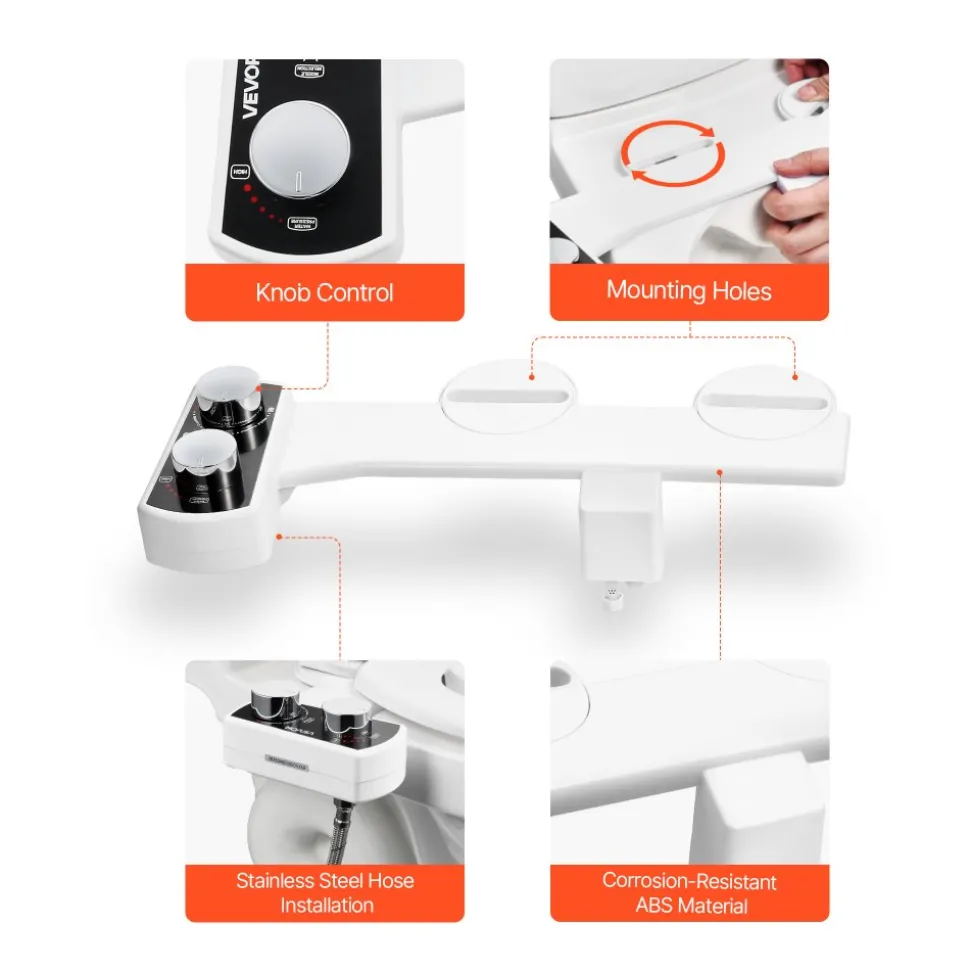VEVOR Bidet Attachment for Toilet, Non-Electric Bidet Toilet Seat Attachment - Dual Retractable Nozzles, Adjustable Water Pressure, Easily Installed Cold Water Sprayer for Rear Feminine Wash, White