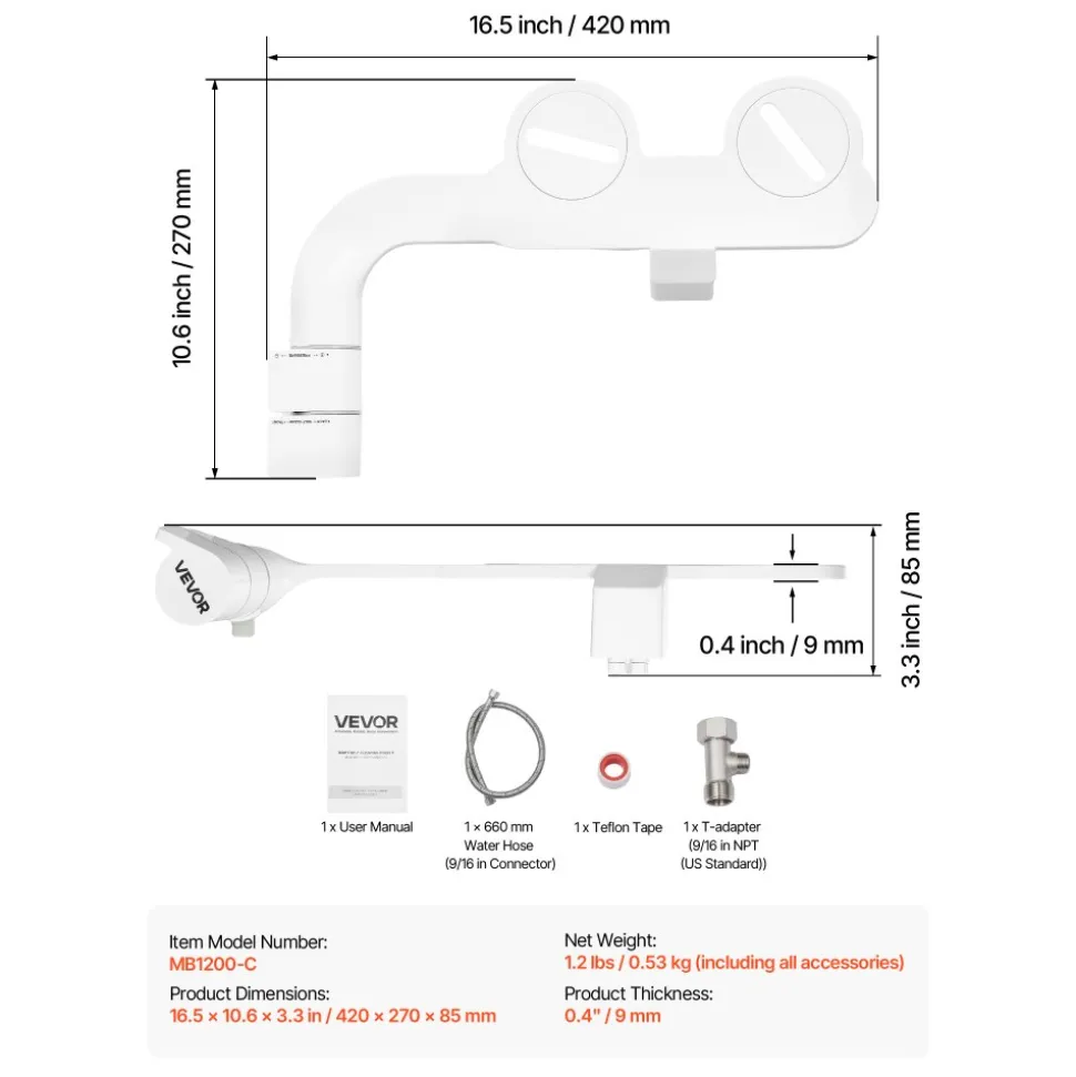 VEVOR Bidet Attachment for Toilet, Self-Cleaning Bidet Toilet Seat Attachment - Dual Retractable Nozzles, Adjustable Water Pressure, Easily Installed Cold Water Sprayer for Rear Feminine Wash, White