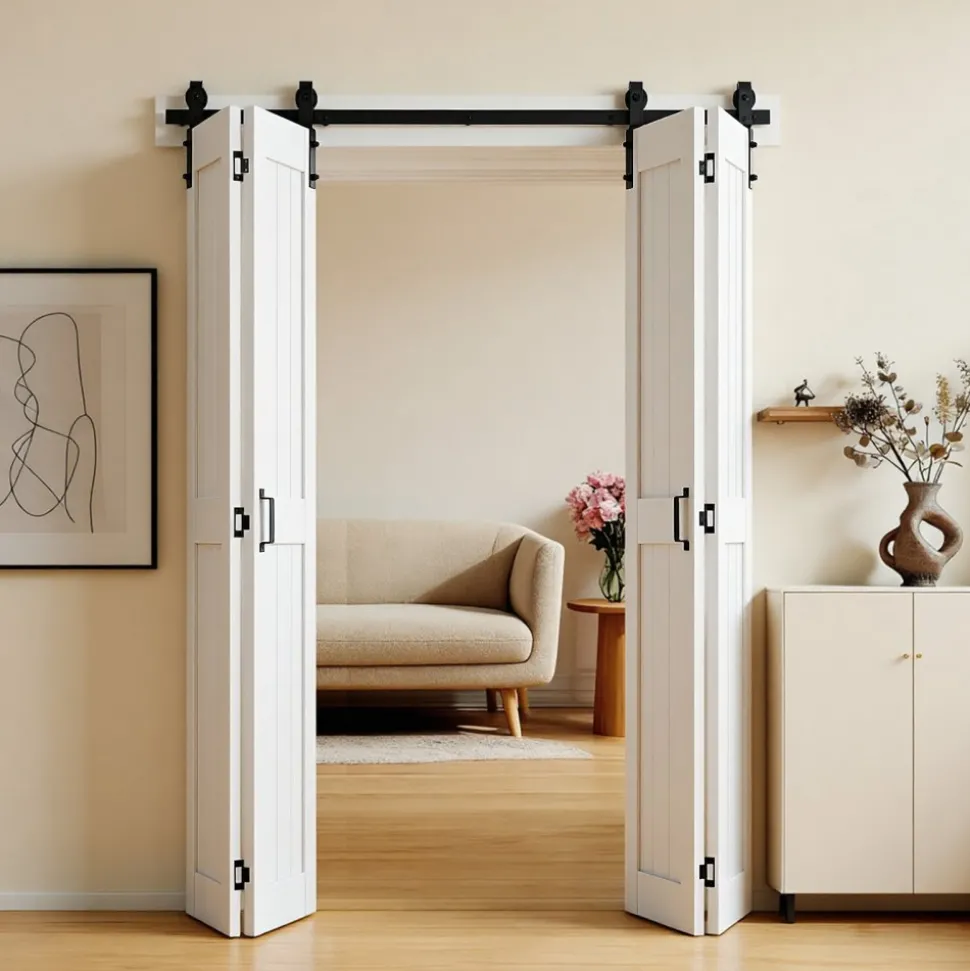 VEVOR Bifold Barn Door, 72" x 84", MDF Bi-Fold Sliding Closet Doors, Hardware Kit Included, H-Frame Space-Saving Design, Pre-Assembled Panels for Bedroom, Living Room, Wardrobe and Room Divider, White