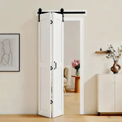 VEVOR Bifold Barn Door, 36" x 84", MDF Bi-Fold Sliding Closet Doors, Hardware Kit Included, H-Frame Space-Saving Design, Need to Assemble, for Bedroom, Living Room, Wardrobe and Room Divider, White