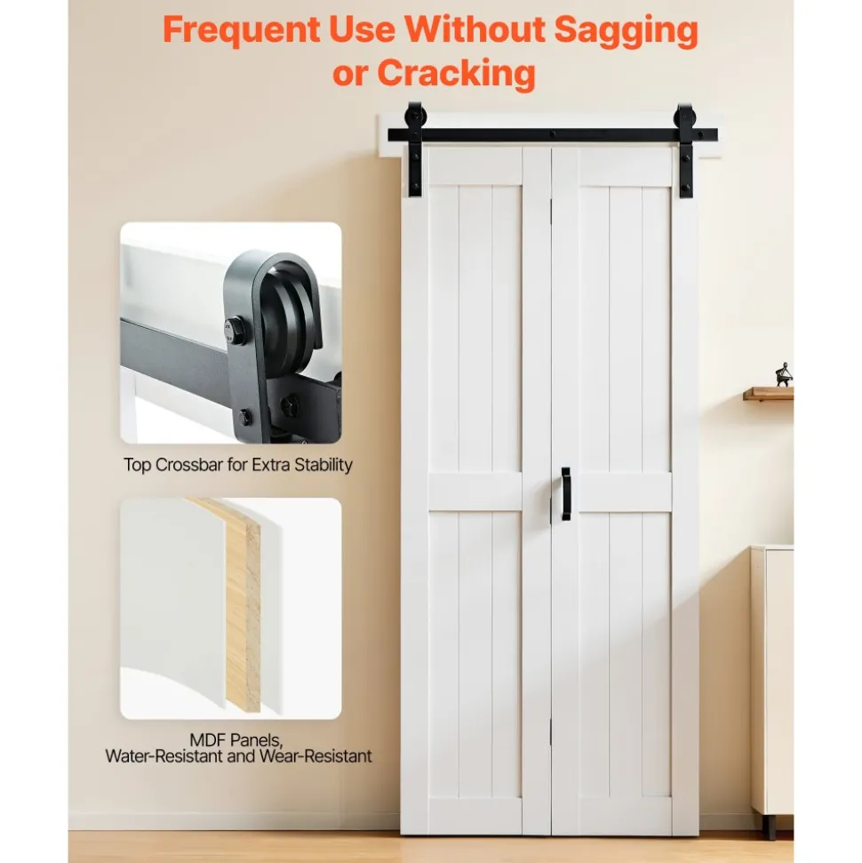 VEVOR Bifold Barn Door, 36" x 84", MDF Bi-Fold Sliding Closet Doors, Hardware Kit Included, H-Frame Space-Saving Design, Need to Assemble, for Bedroom, Living Room, Wardrobe and Room Divider, White
