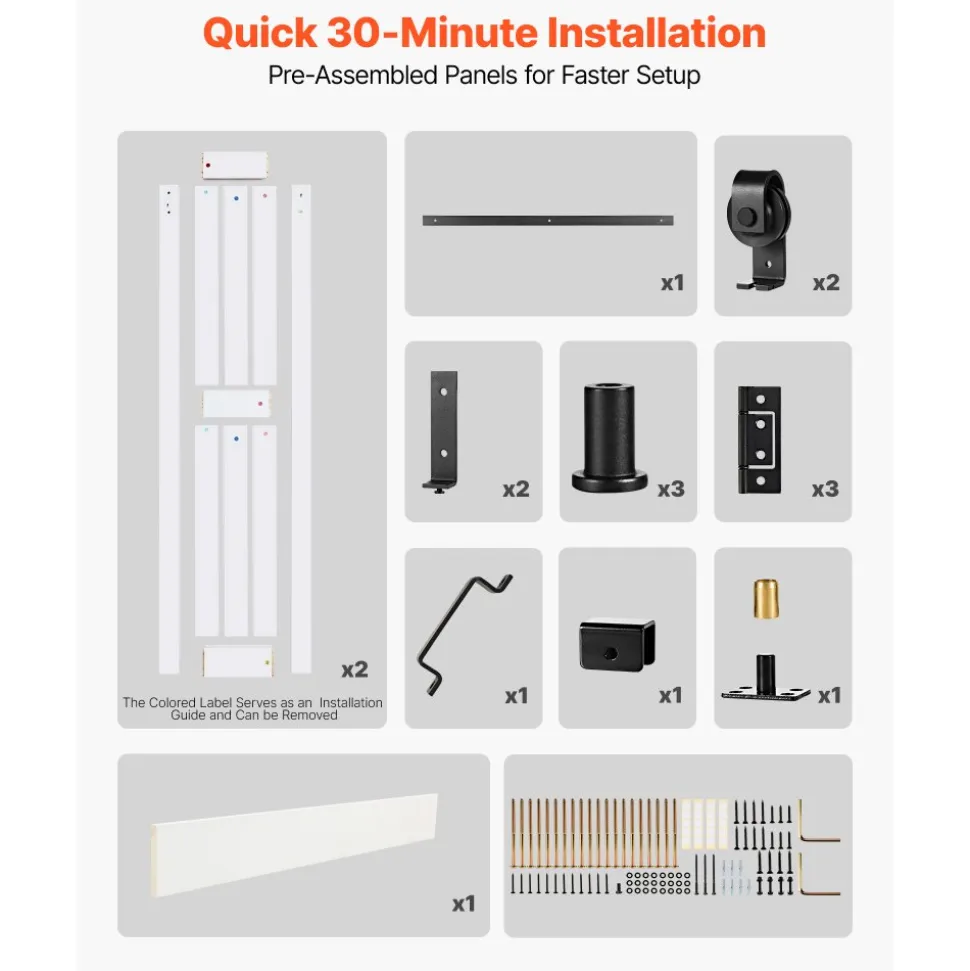 VEVOR Bifold Barn Door, 36" x 84", MDF Bi-Fold Sliding Closet Doors, Hardware Kit Included, H-Frame Space-Saving Design, Need to Assemble, for Bedroom, Living Room, Wardrobe and Room Divider, White