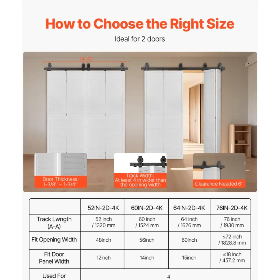 VEVOR Bi-Folding Sliding Barn Door Hardware Track Kit, 52" Top Mount Track Kit, Slide Smoothly & Quietly, Heavy Duty, Easy to Install, Suitable for Four 12" Closet Pantry Laundry Doors (Not Included)