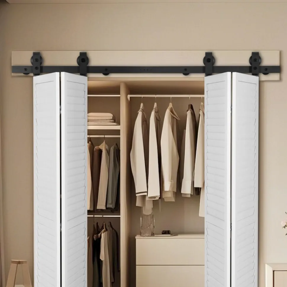 VEVOR Bi-Folding Sliding Barn Door Hardware Track Kit, 52" Top Mount Track Kit, Slide Smoothly & Quietly, Heavy Duty, Easy to Install, Suitable for Four 12" Closet Pantry Laundry Doors (Not Included)