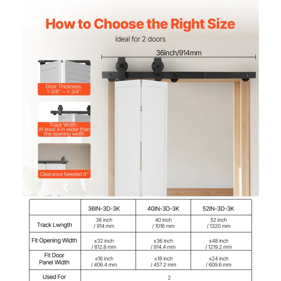 VEVOR Bi-Folding Sliding Barn Door Hardware Track Kit, 36" Top Mount Track Kit, Slide Smoothly & Quietly, Heavy Duty, Easy to Install, Suitable for Two 16" Closet Pantry Laundry Doors (Not Included)