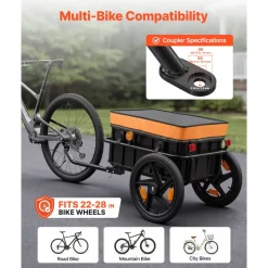 VEVOR Bike Cargo Trailer 100 lbs 2-in-1 Pushcart Heavy-Duty Bicycle Wagon, Cart with Waterproof Cover, 7 in & 16 in Wheels, Reflector, Carbon Steel Frame, Fits 22-28 in Bike Wheels, for Carrying Cargo