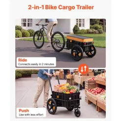VEVOR Bike Cargo Trailer 100 lbs 2-in-1 Pushcart Heavy-Duty Bicycle Wagon, Cart with Waterproof Cover, 7 in & 16 in Wheels, Reflector, Carbon Steel Frame, Fits 22-28 in Bike Wheels, for Carrying Cargo