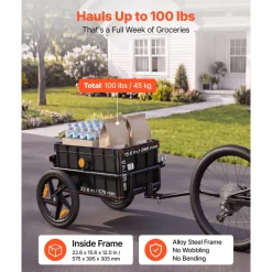 VEVOR Bike Cargo Trailer 100 lbs 2-in-1 Pushcart Heavy-Duty Bicycle Wagon, Cart with Waterproof Cover, 7 in & 16 in Wheels, Reflector, Carbon Steel Frame, Fits 22-28 in Bike Wheels, for Carrying Cargo