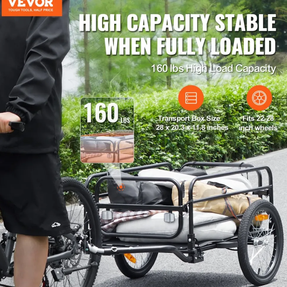 VEVOR Bike Cargo Trailer, 160 lbs Load Capacity, Heavy-Duty Bicycle Wagon Cart, Foldable Compact Storage & Quick Release with Universal Hitch, 16" Wheels, Safe Reflectors, Fits 22"-28" Bike Wheels