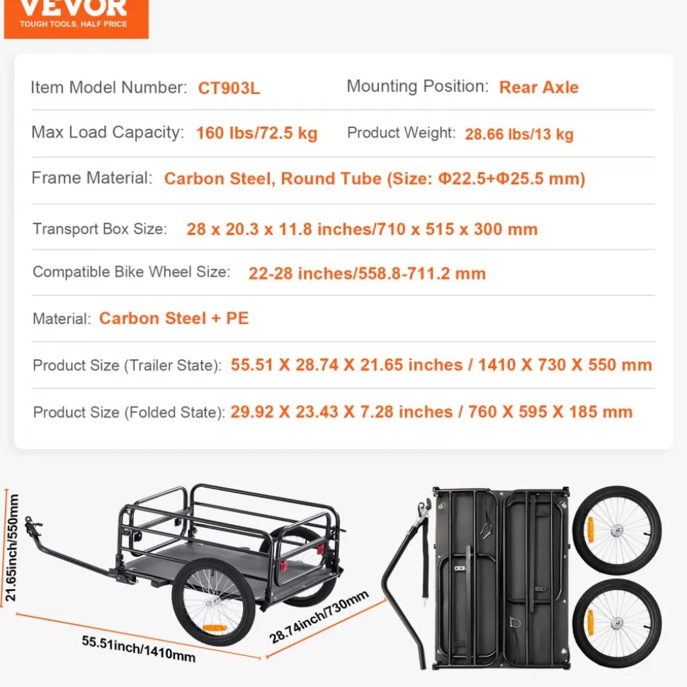 VEVOR Bike Cargo Trailer, 160 lbs Load Capacity, Heavy-Duty Bicycle Wagon Cart, Foldable Compact Storage & Quick Release with Universal Hitch, 16" Wheels, Safe Reflectors, Fits 22"-28" Bike Wheels