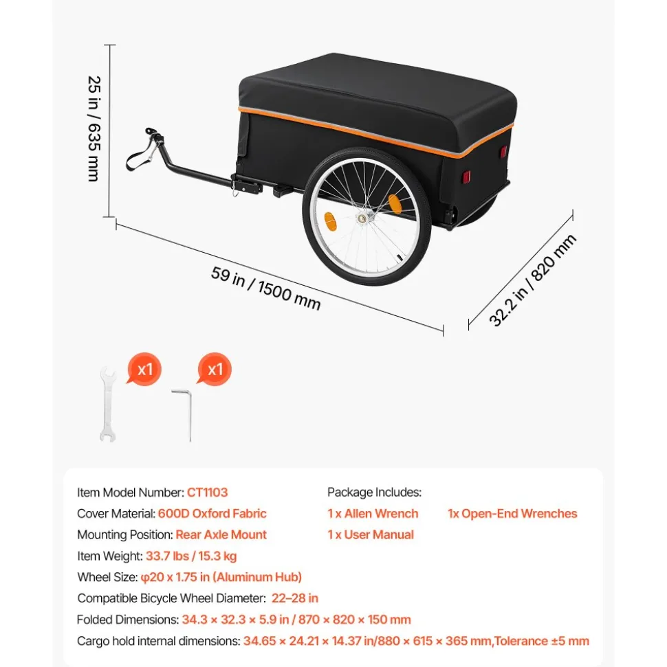VEVOR Bike Cargo Trailer 130 lbs Load Heavy-Duty Bicycle Wagon Cart Folding, Foldable Compact Storage with Waterproof Cover, 20-Inch Wheels, Reflectors, Carbon Steel Frame, Fits 22-28 in Bike Wheels