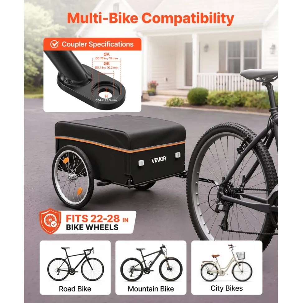 VEVOR Bike Cargo Trailer 130 lbs Load Heavy-Duty Bicycle Wagon Cart Folding, Foldable Compact Storage with Waterproof Cover, 20-Inch Wheels, Reflectors, Carbon Steel Frame, Fits 22-28 in Bike Wheels