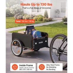 VEVOR Bike Cargo Trailer 130 lbs Load Heavy-Duty Bicycle Wagon Cart Folding, Foldable Compact Storage with Waterproof Cover, 20-Inch Wheels, Reflectors, Carbon Steel Frame, Fits 22-28 in Bike Wheels