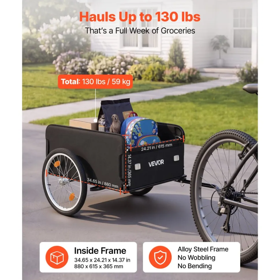 VEVOR Bike Cargo Trailer 130 lbs Load Heavy-Duty Bicycle Wagon Cart Folding, Foldable Compact Storage with Waterproof Cover, 20-Inch Wheels, Reflectors, Carbon Steel Frame, Fits 22-28 in Bike Wheels