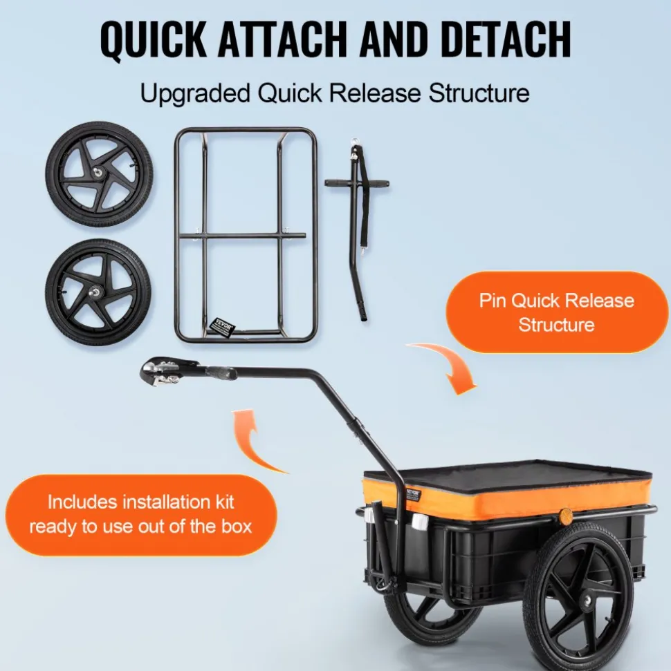 VEVOR Bike Cargo Trailer, 88 lbs Load Capacity, Heavy-Duty Bicycle Wagon Cart, Foldable Compact Storage with Universal Hitch, Waterproof Cover, 16" Wheels, Safe Reflectors, Fits 24"-28" Bike Wheels