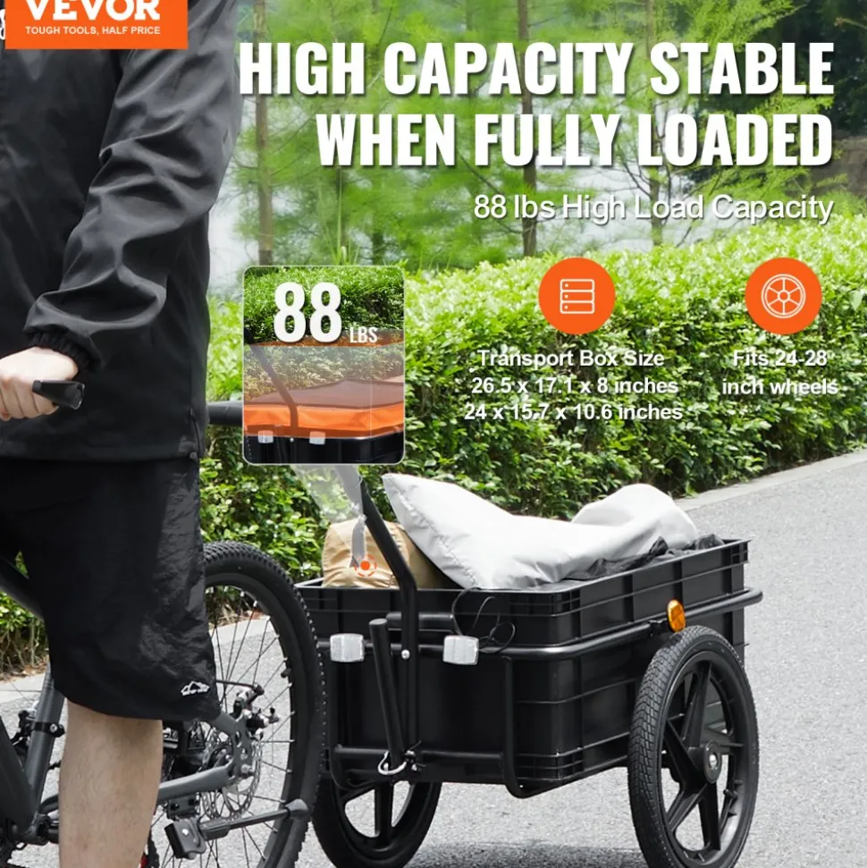 VEVOR Bike Cargo Trailer, 88 lbs Load Capacity, Heavy-Duty Bicycle Wagon Cart, Foldable Compact Storage with Universal Hitch, Waterproof Cover, 16" Wheels, Safe Reflectors, Fits 24"-28" Bike Wheels