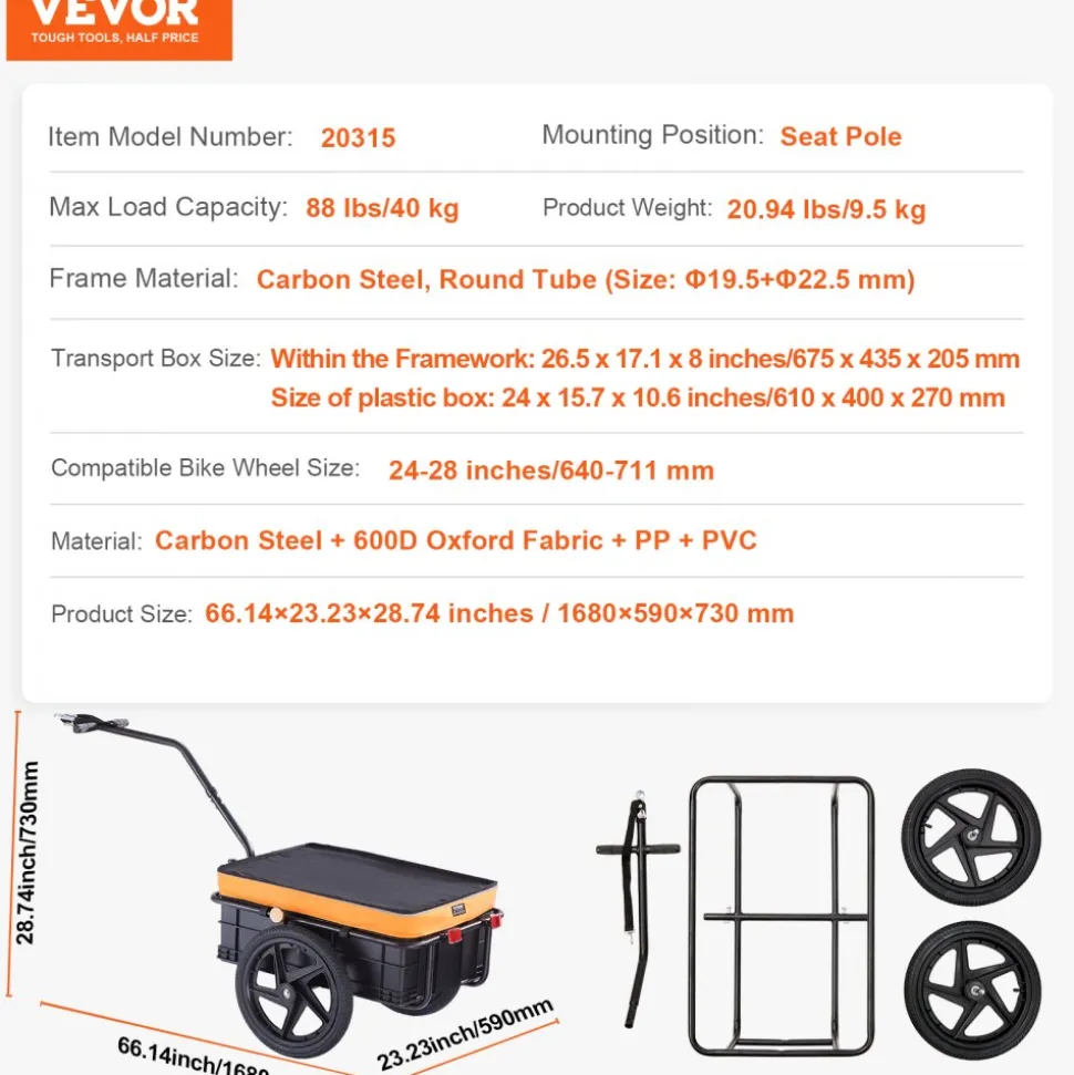 VEVOR Bike Cargo Trailer, 88 lbs Load Capacity, Heavy-Duty Bicycle Wagon Cart, Foldable Compact Storage with Universal Hitch, Waterproof Cover, 16" Wheels, Safe Reflectors, Fits 24"-28" Bike Wheels
