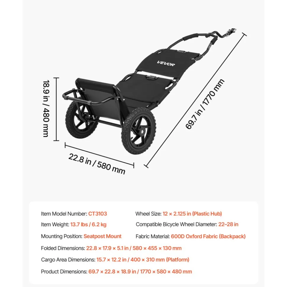 VEVOR Bike Cargo Trailer 60 lbs Load 3-in-1 Bicycle Wagon Cart Folding, Backpack/Trailer/Pushcart Mode with 12-Inch Wheels, Foldable Carbon Steel Frame, Fits 22-28 in Bike Wheels, for Carrying Cargo