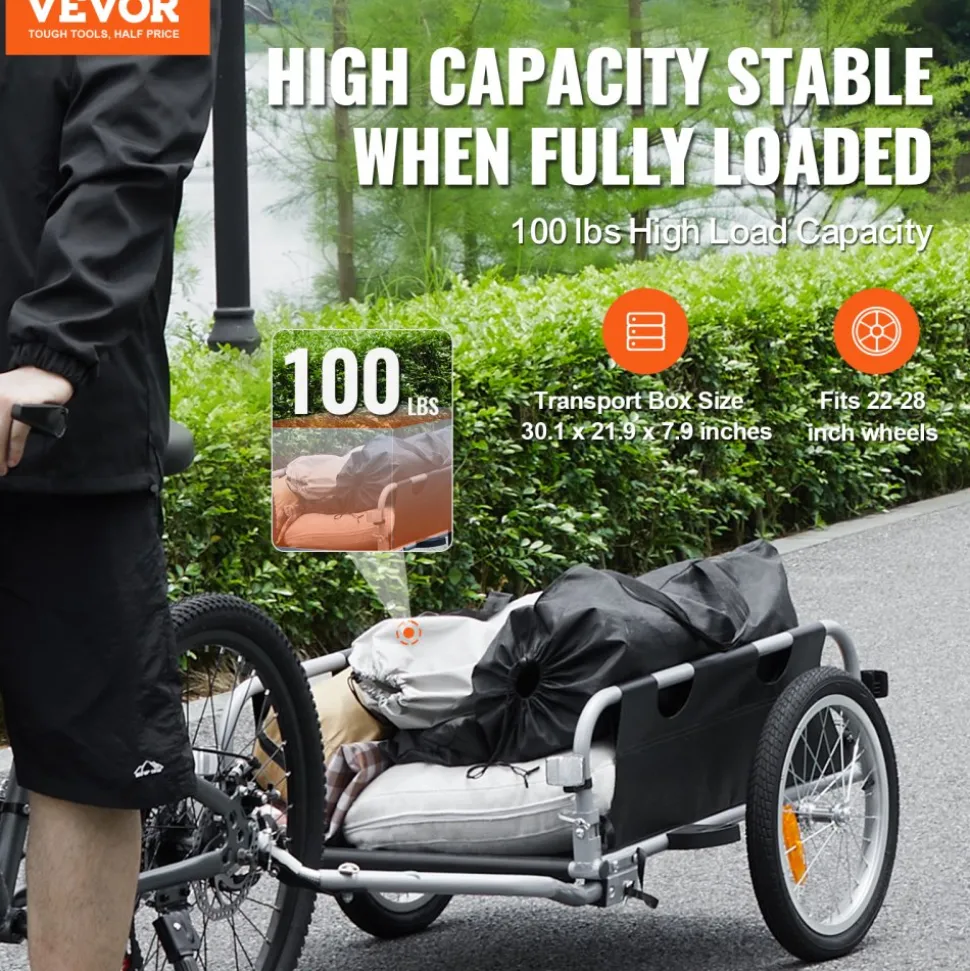 VEVOR Bike Cargo Trailer, 100 lbs Load Capacity, Heavy-Duty Bicycle Wagon Cart, Foldable Compact Storage & Quick Release with Universal Hitch, 16" Wheels, Safe Reflectors, Fits 22"-28" Bike Wheels