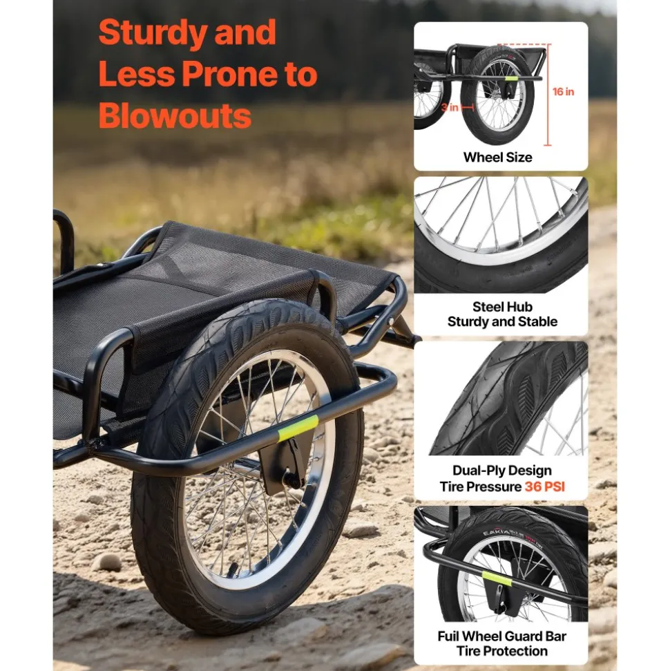 VEVOR Bike Cargo Trailer 320 lbs Load Heavy-Duty Bicycle Game Cart Foldable, All-Purpose Utility Trailer with 16-Inch Wheels for Any Terrain, Off-Road, Carbon Steel Frame, Fits 22-28 in Bike Wheels