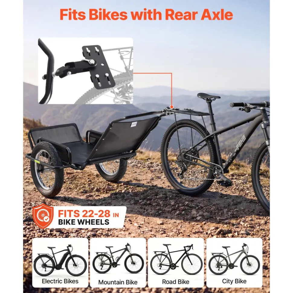 VEVOR Bike Cargo Trailer 320 lbs Load Heavy-Duty Bicycle Game Cart Foldable, All-Purpose Utility Trailer with 16-Inch Wheels for Any Terrain, Off-Road, Carbon Steel Frame, Fits 22-28 in Bike Wheels