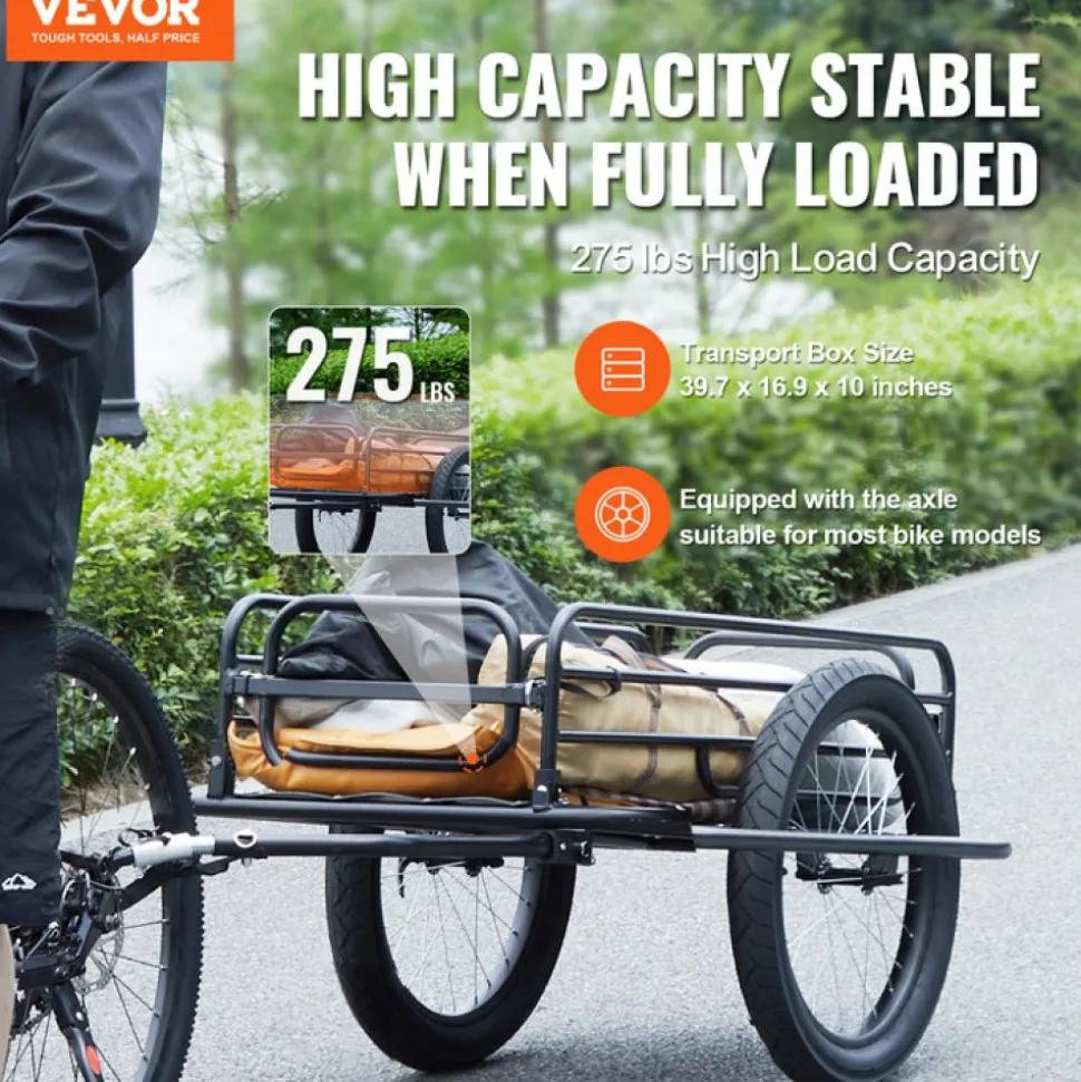 VEVOR Bike Cargo Trailer, 275 lbs Load Capacity, Heavy-Duty Bicycle Wagon Cart, Foldable Compact Storage & Quick Release with Universal Hitch, 20" Wheels, Fits Most Bike Wheels, Carbon Steel Frame
