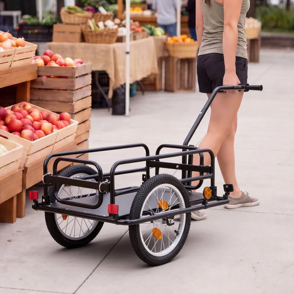 VEVOR Bike Cargo Trailer 88 lbs Load 2-in-1 Pushcart Folding Bicycle Wagon, Heavy-Duty Cart with 16-Inch Wheels, Reflectors, Carbon Steel Frame, Foldable Compact Storage, Fits 22-28 in Bike Wheels