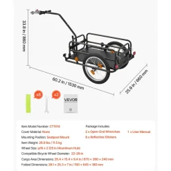 VEVOR Bike Cargo Trailer 88 lbs Load 2-in-1 Pushcart Folding Bicycle Wagon, Heavy-Duty Cart with 16-Inch Wheels, Reflectors, Carbon Steel Frame, Foldable Compact Storage, Fits 22-28 in Bike Wheels