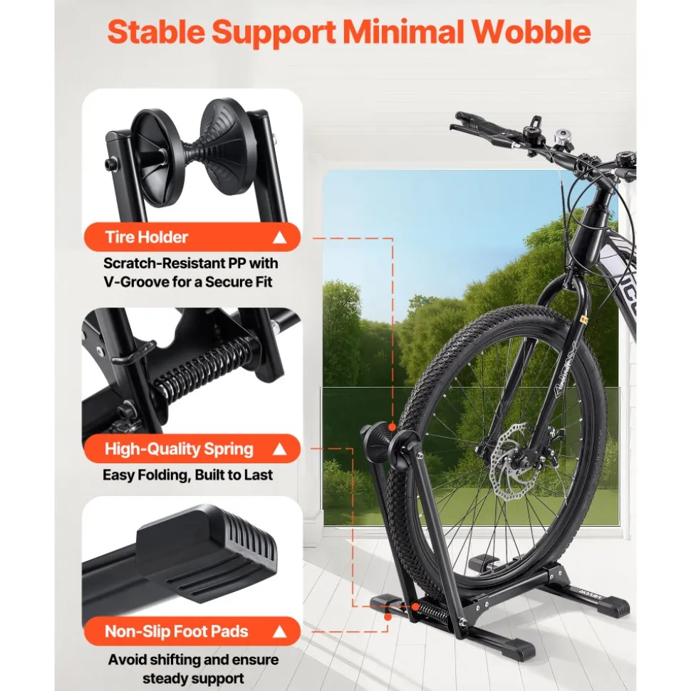 VEVOR Bike Rack, Fits 20 to 29 Inch Mountain & Road Bikes, Alloy Steel Rust-Resistant Bike Floor Stand Rack, Foldable Bicycle Stand for Entryway, Garage, Home Bikes Parking & Storage, 1 Pack, Black