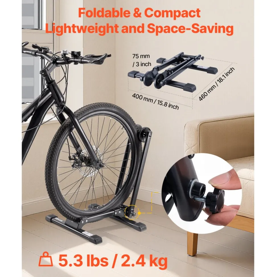 VEVOR Bike Rack, Fits 20 to 29 Inch Mountain & Road Bikes, Alloy Steel Rust-Resistant Bike Floor Stand Rack, Foldable Bicycle Stand for Entryway, Garage, Home Bikes Parking & Storage, 1 Pack, Black