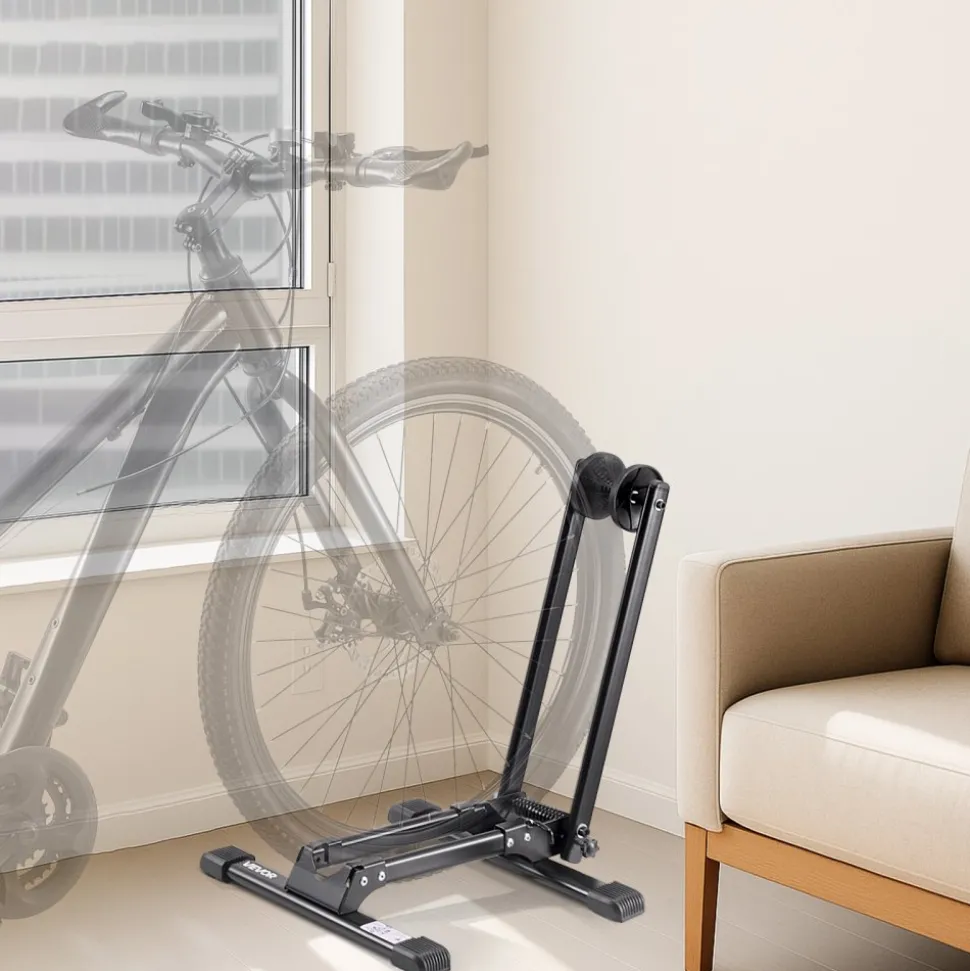 VEVOR Bike Rack, Fits 20 to 29 Inch Mountain & Road Bikes, Alloy Steel Rust-Resistant Bike Floor Stand Rack, Foldable Bicycle Stand for Entryway, Garage, Home Bikes Parking & Storage, 1 Pack, Black