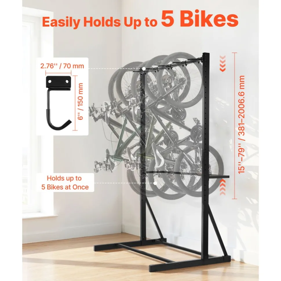 VEVOR Bike Rack, 300LBS/136KG Capacity for up to 5 Bikes, Freestanding Bike Storage Rack, Carbon Steel Vertical Bicycle Stand for Home, Yard, Garage, Living Room, Indoor/Outdoor Bicycle Storage Stand