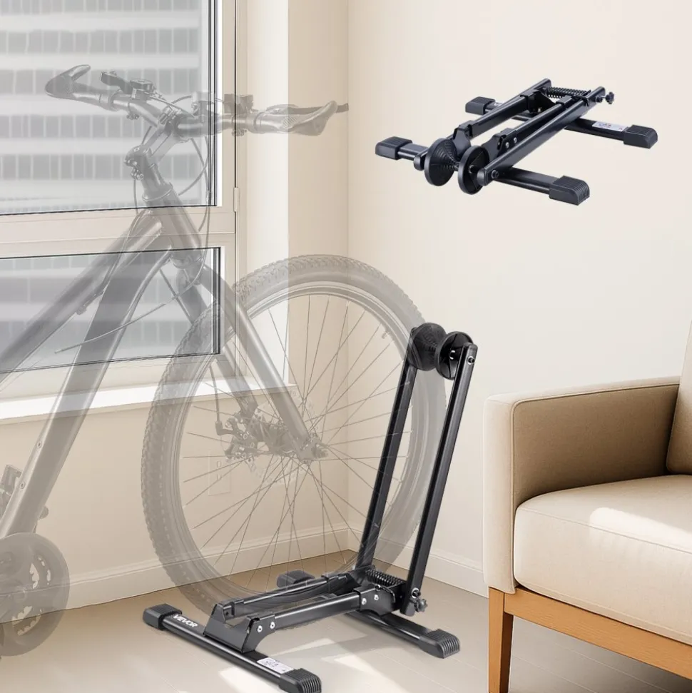 VEVOR Bike Racks 2 Pack, Fits 20 to 29 Inch Mountain & Road Bikes, Alloy Steel Rust-Resistant Bike Floor Stand Rack, Foldable Bicycle Stand for Entryway, Garage, Home Bikes Parking & Storage, Black