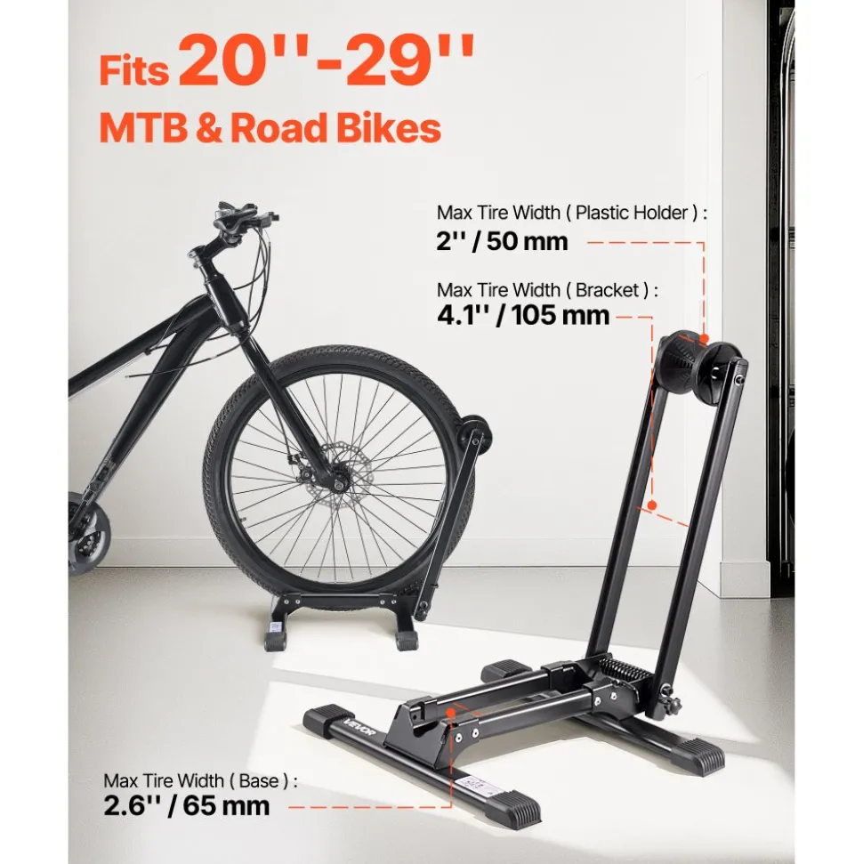 VEVOR Bike Racks 2 Pack, Fits 20 to 29 Inch Mountain & Road Bikes, Alloy Steel Rust-Resistant Bike Floor Stand Rack, Foldable Bicycle Stand for Entryway, Garage, Home Bikes Parking & Storage, Black