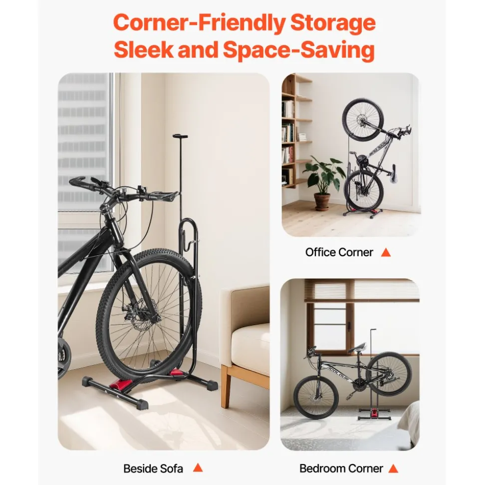 VEVOR Bike Rack, Upright Bike Stand Floor for 16 to 27.5 Inch Mountain & Road Bikes, Vertical & Horizontal Bicycle Stand for Secure Parking and Storage in Garage, Truck Bed, Indoor, Outdoor, Black