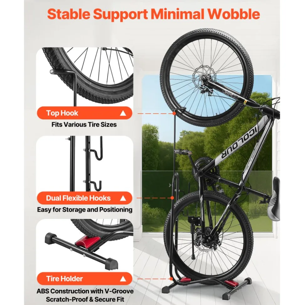 VEVOR Bike Rack, Upright Bike Stand Floor for 16 to 27.5 Inch Mountain & Road Bikes, Vertical & Horizontal Bicycle Stand for Secure Parking and Storage in Garage, Truck Bed, Indoor, Outdoor, Black