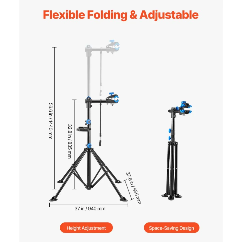 VEVOR Bike Repair Stand, 66 lb Heavy-duty Bicycle Work Stand with 32.8-56.6 in Adjustable Height & Magnetic Tool Tray, Foldable Bicycle Maintenance Rack, Shop Home Mechanics for Mountain & Road Bike